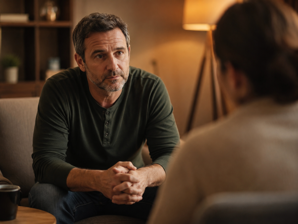 Man seeking help for addiction and substance use in therapy