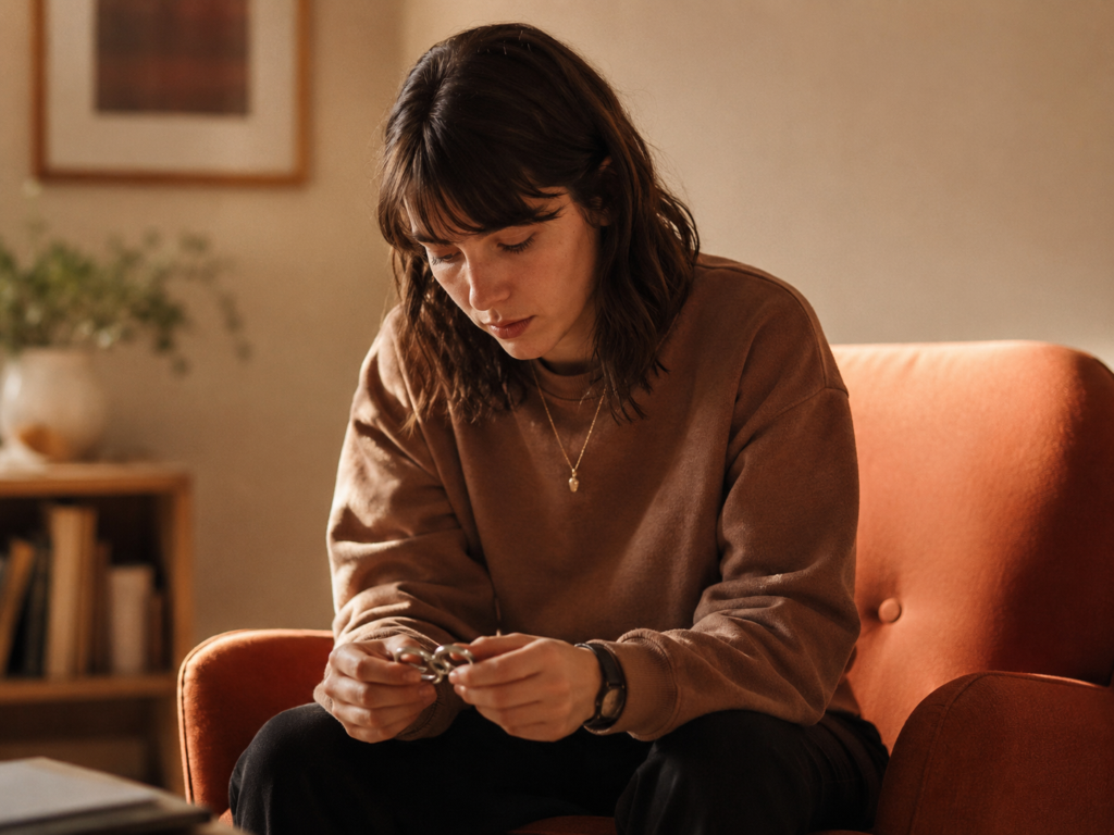 Woman using a fidget ring, looking down and focused, during ADHD support therapy