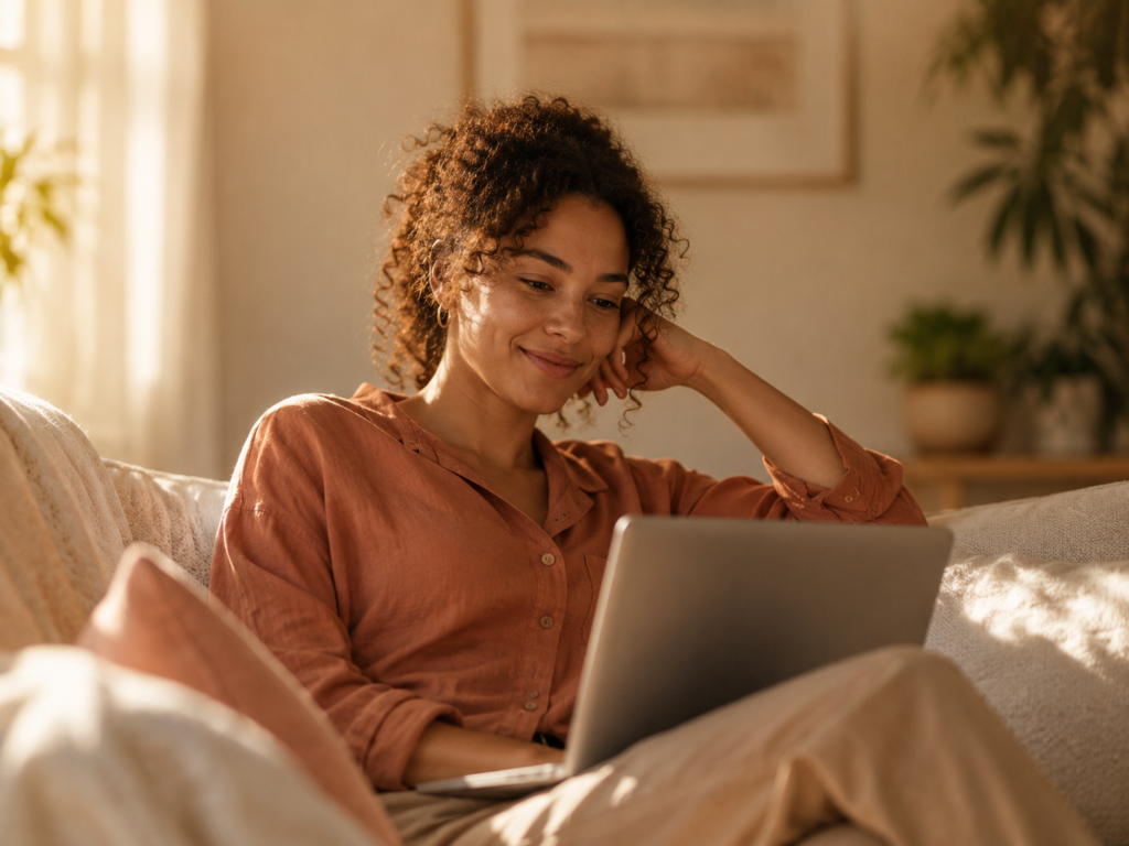Person using a laptop at home to find a therapist online