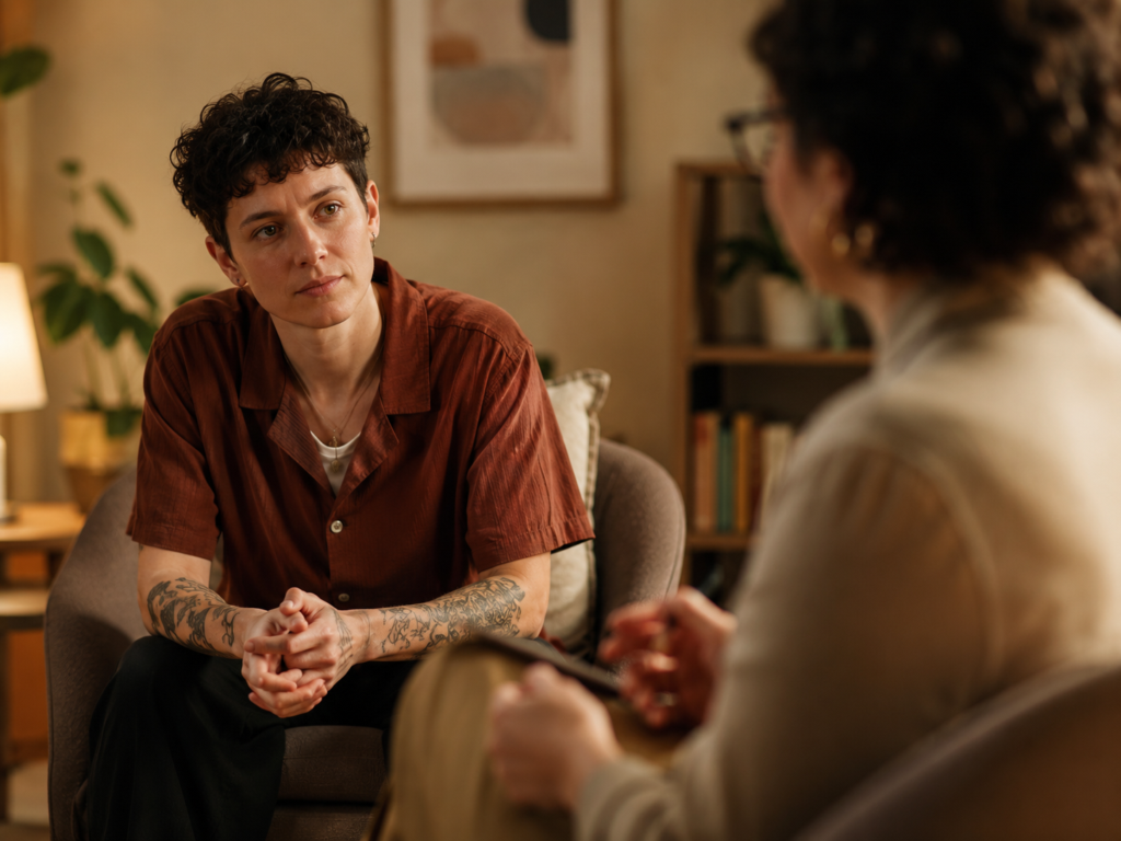 Person in a supportive LGBTQ and gender identity therapy session