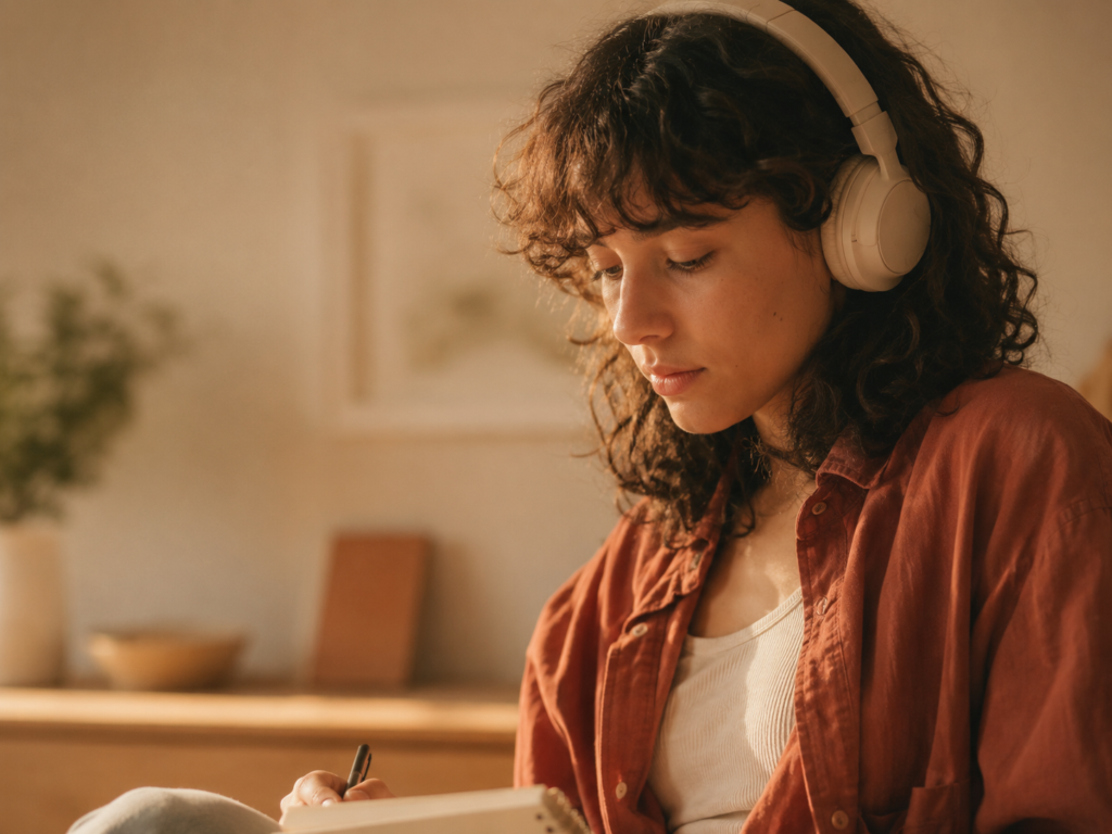 Neurodivergent person wearing headphones, calm and focused