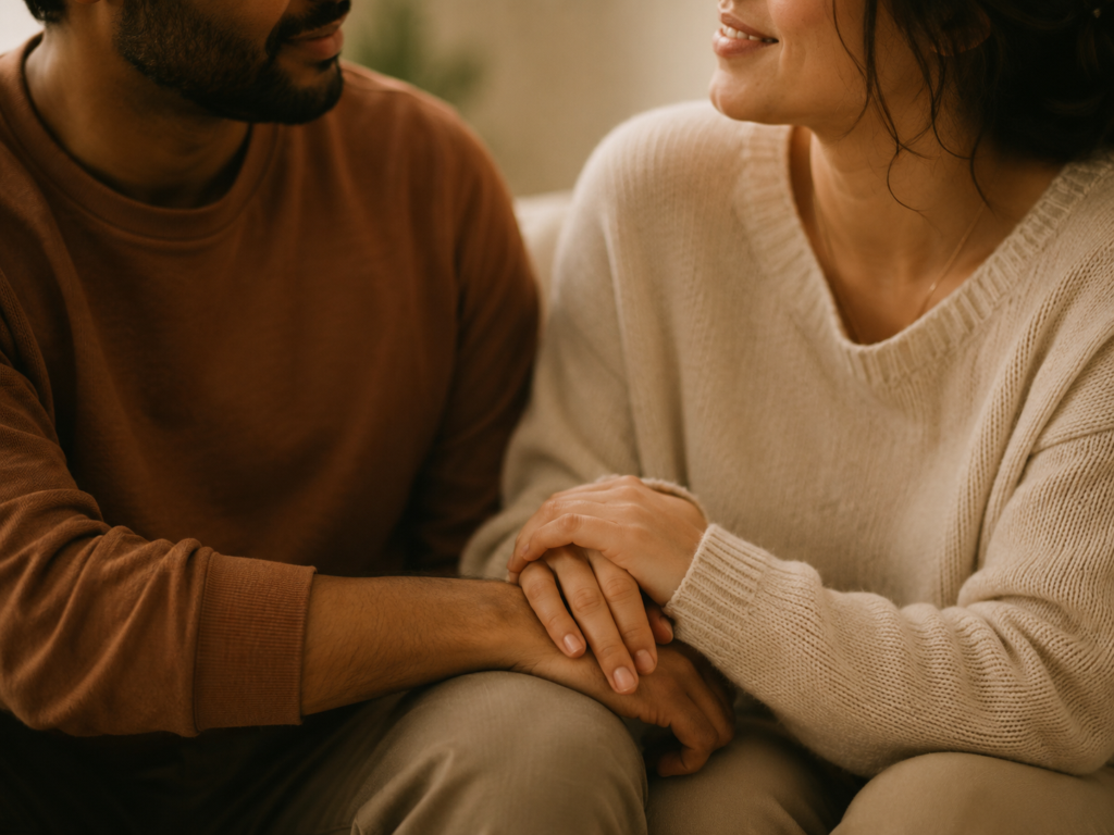 Couple holding hands during relationship and couples therapy