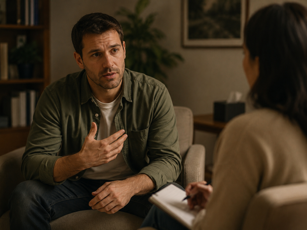 Man talking through difficult experiences in trauma and PTSD therapy