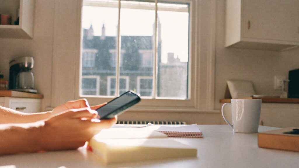 Hands holding a phone at a sunlit kitchen table with a notebook and a mug of tea, comparing therapy fees