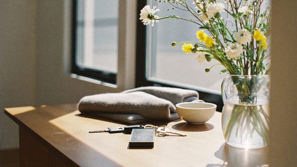 House keys and a jug of flowers on a sunlit hall table by a sash window