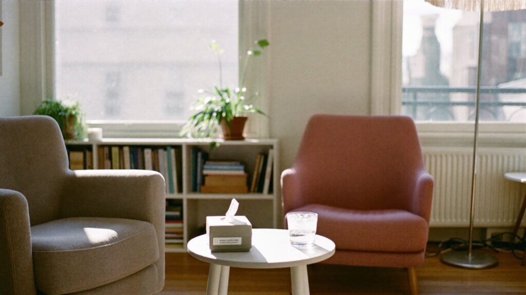 Quiet therapy room with two armchairs facing each other and sunlight through a sash window