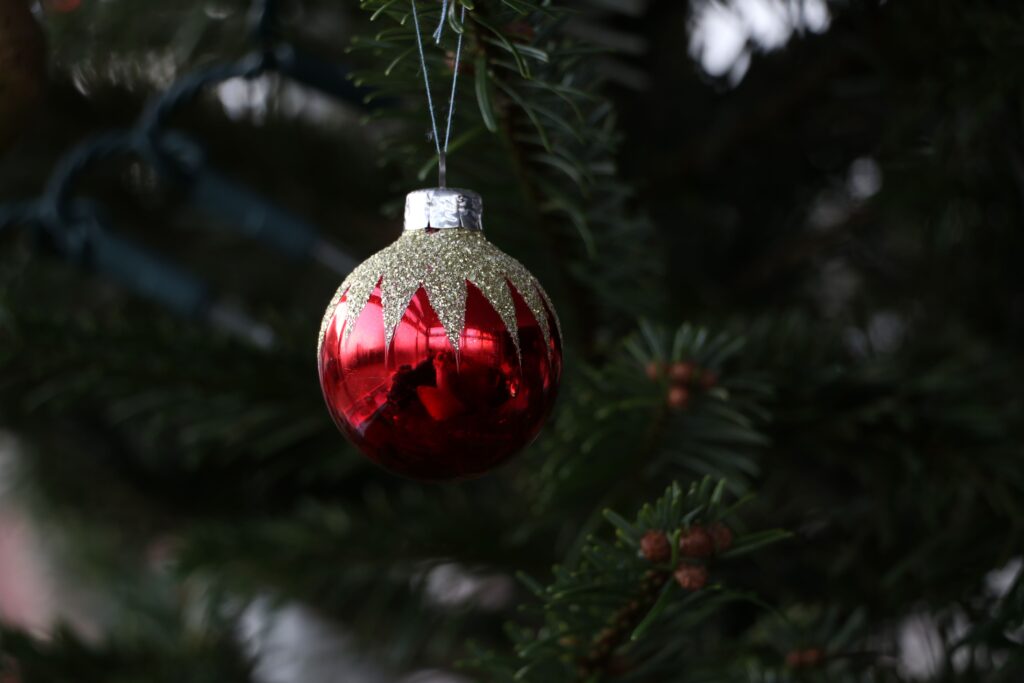 A red Christmas bauble hanging alone on a dark Christmas tree