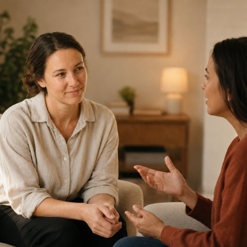 Therapist and client talking in a warm talking therapy session