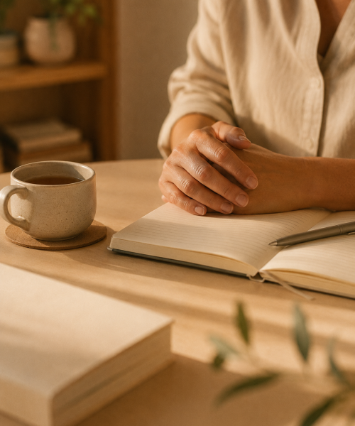 Therapist notebook and tea in a calm mental health counselling session